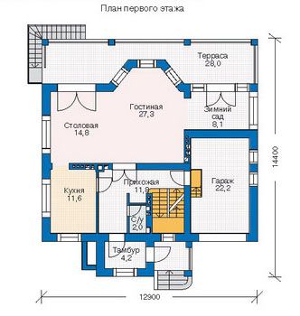 Проект комфортабельного дома с цокольным этажом, просторной террасой, гаражом для одной машины / План 1 этажа