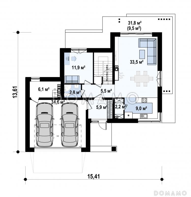 Проект двухэтажного загородного дома с подвалом, гаражом на 2 машины, кабинетом, мастер-спальней  с балконом / План 1 этажа