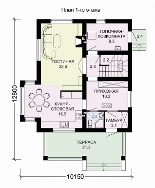 Проект двухэтажного дома из пеноблоков с тремя спальными комнатами / План 1 этажа