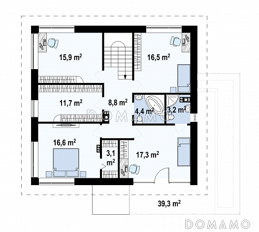 Проект современного просторного двухэтажного дома из газобетона с гаражом и террасой над ним / План 2 этажа