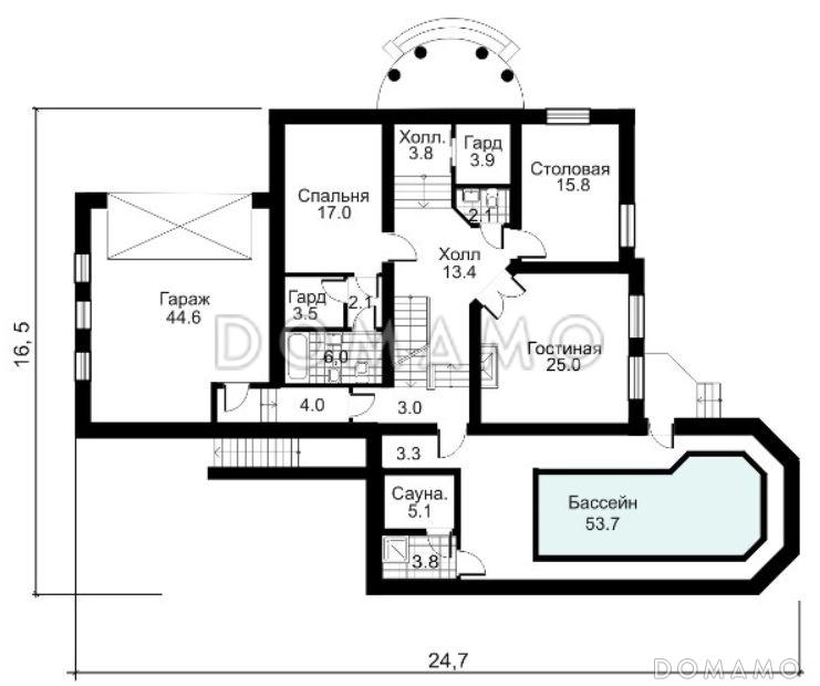 Проект двухэтажного дома из кирпича с полукруглым эркером / План 1 этажа