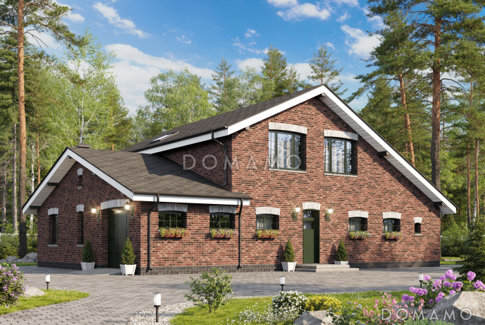 Проект загородного дома с гаражом, верандой и террасой, сауной, отдельными лестницами на мансардный этаж в гостевую и хозяйскую часть