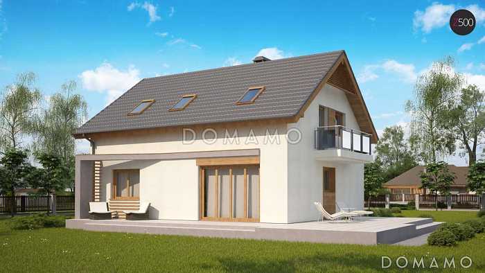 Проект одноэтажного дома из кирпича с оригинальной открытой террасой по периметру и с жилой мансардой