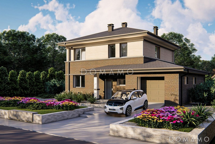 Проект двухэтажного дома с котельной в гараже, кладовой, крытой террасой, спальней на первом этаже