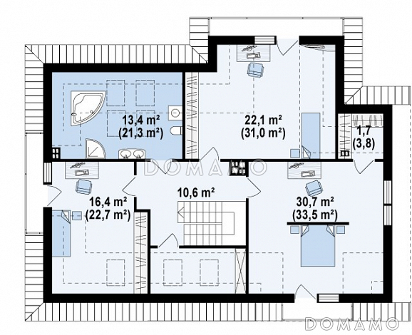 Проект просторного одноэтажного мансардного коттеджа из газобетона с пятью спальнями и гаражом на два автомобиля / План мансардного этажа