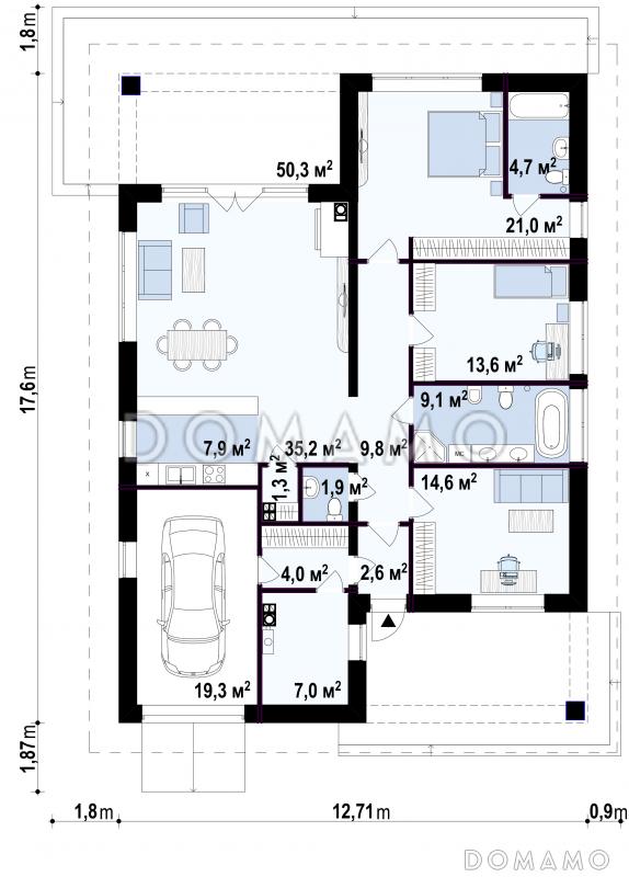 Проект одноэтажного дома из кирпича с тремя спальнями, гаражом и угловой крытой террасой / План 1 этажа