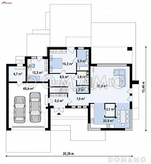 Проект красивого просторного двухэтажного дома из кирпича с террасами, балконами и гаражом / План 1 этажа