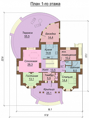 Проект одноэтажного дома с мансардным и цокольным этажами, с двумя эркерами / План 1 этажа