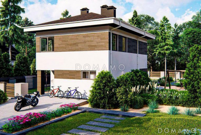 Проект двухэтажного дома с камином в гостиной, вытянутой кухонной зоной с окнами, санузлом с душевой на первом этаже