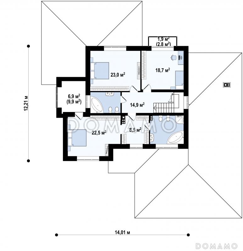 Проект  двухэтажного дома с гаражом на 2 машины, большой гостиной, проходом на кухню из прихожей, отдельным входом в котельную / План 2 этажа