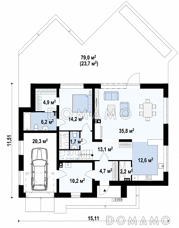 Проект мансардного дома в стиле шале из кирпича с дополнительной спальней на первом этаже, вторым светом и гаражом / План 1 этажа
