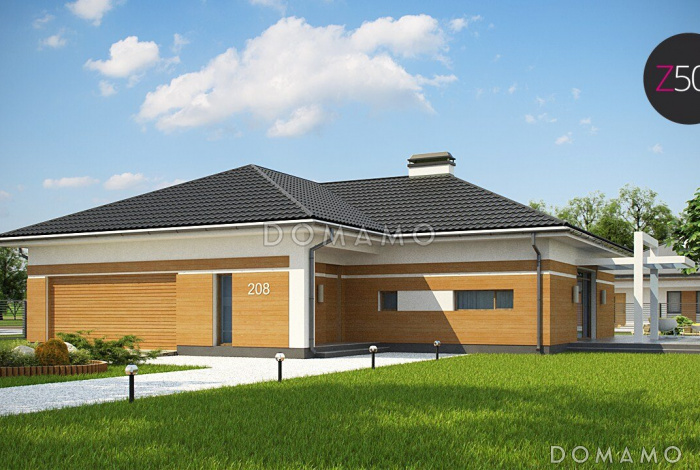 Проект углового одноэтажного дома из кирпича с облицовкой классических фасадов деревянной вагонкой и с гаражом на два автомобиля