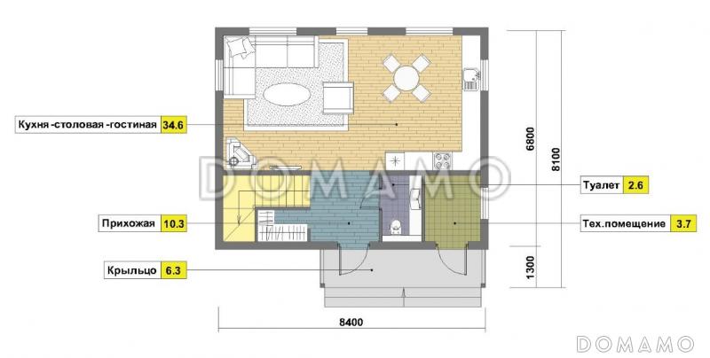 Проект двухэтажного каркасного дома с двумя спальнями на втором этаже / План 1 этажа