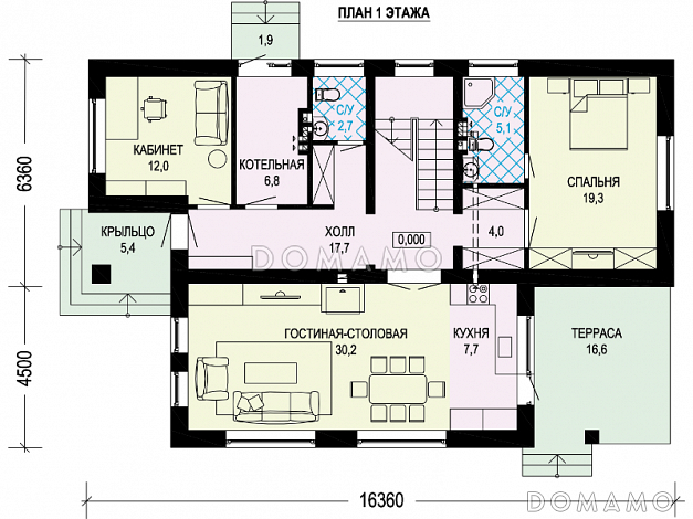 Проект дома с косой крышей, детскими комнатами, террасой, большой гостиной-столовой / План 1 этажа