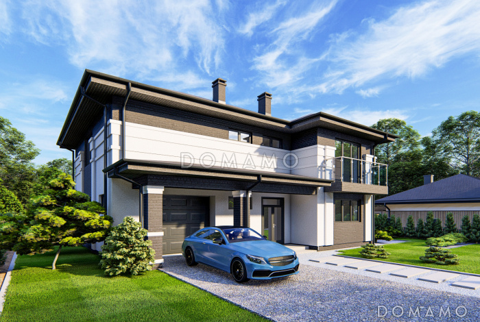 Проект двухэтажного дома с гаражом, большой крытой террасой, просторной хозяйской спальней с балконом, светлой гостиной