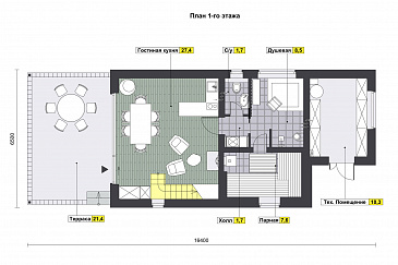 Проект бани с большой кухней-гостиной, террасой и комнатой на антресоли / План 1 этажа