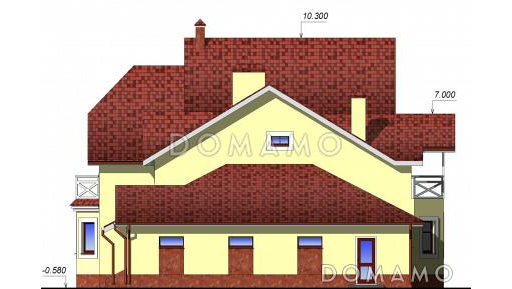 Проект дома с мансардным этажом, пристроенным гаражом и двумя балконами / Фасад 1