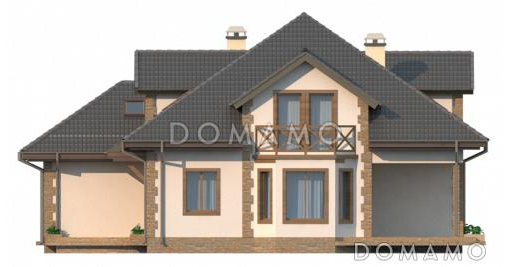 Проект просторного одноэтажного мансардного дома из кирпича с кабинетом, эркером, балконом и гаражом / Фасад 3