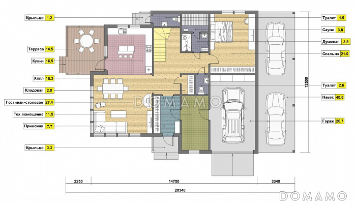 Проект дома из газобетона с местом для трех авто / План 1 этажа
