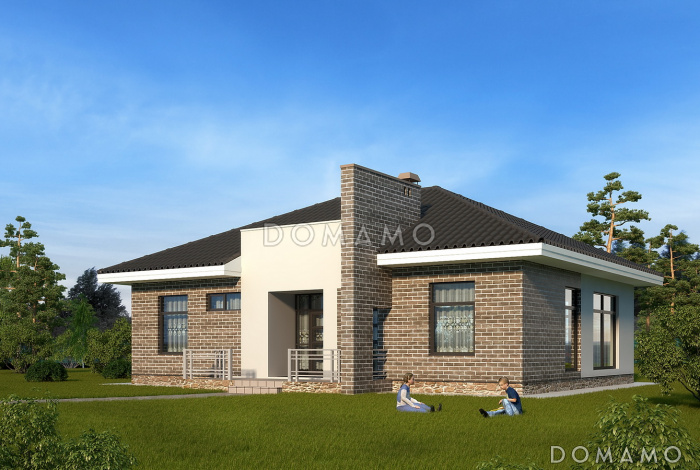 Проект одноэтажного дома с облицовкой кирпичом, двумя спальнями и кладовой