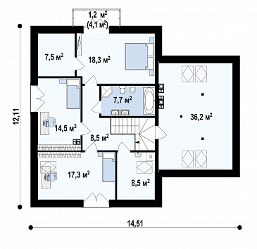Проект дома с подвалом, гаражом, террасой, кладовой на кухне, балконом / План мансардного этажа