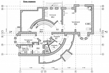 Проект коттеджа с круглым холлом и башенкой / План цокольного этажа