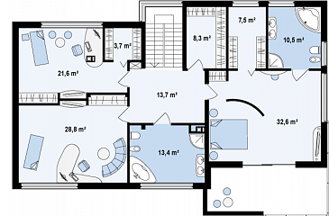 Проект современного двухэтажного дома в стиле хай-тек из газобетона с плоской крышей, гаражом и балконом / План 2 этажа