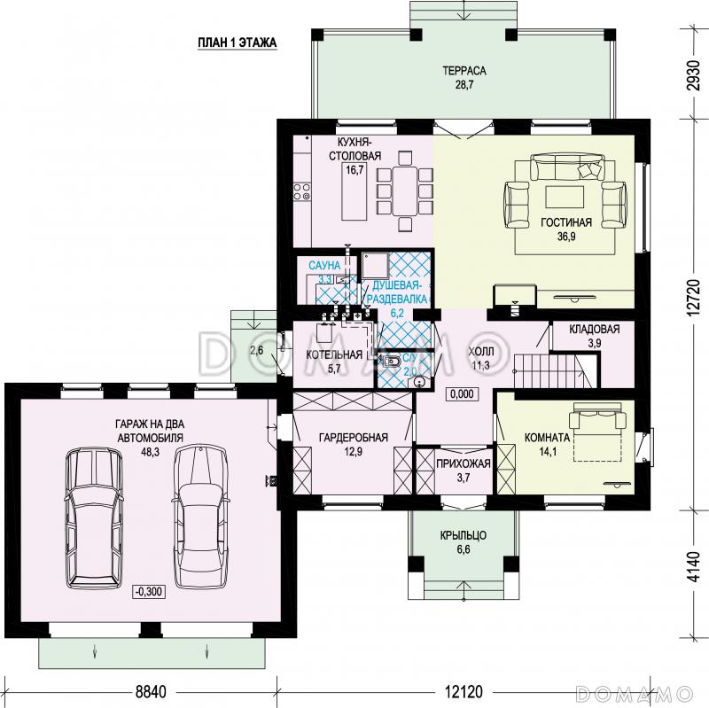 Проект кирпичного двухэтажного особняка с двойным гаражом / План 1 этажа