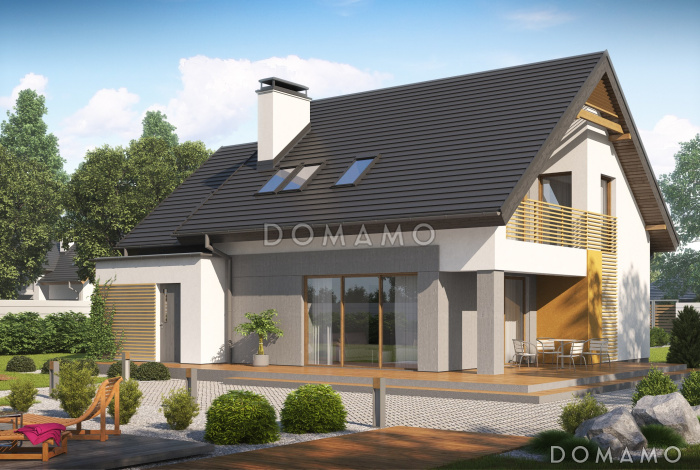 Проект одноэтажного мансардного дома из газобетона с большой гостиной, гаражом и частично крытой террасой