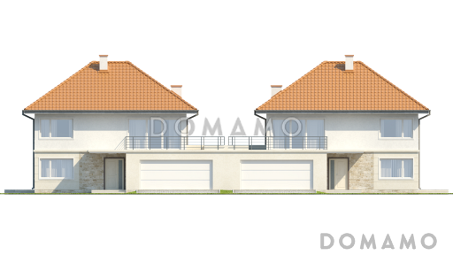 Проект двухэтажных домов-близнецов из кирпича с открытой террасой над большим гаражом / Фасад 1