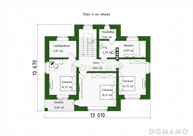 Проект двухэтажного дома с большой гостиной, 4 спальнями, террасой и балконом / План 2 этажа