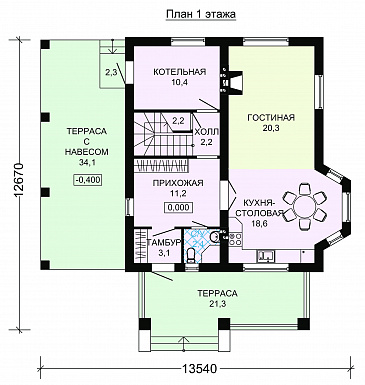 Проект дома из пеноблоков с мансардой и навесом для автомобиля / План 1 этажа