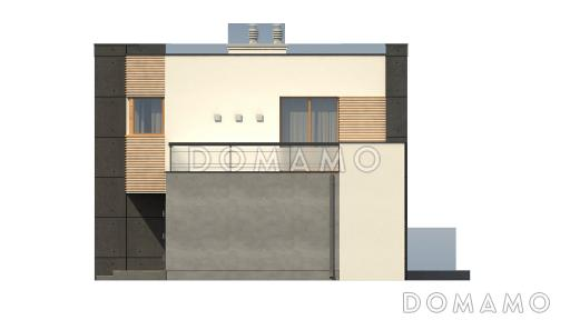 Проект современного двухэтажного дома из кирпича с техническим помещением, гаражом и открытой террасой на втором этаже / Фасад 3