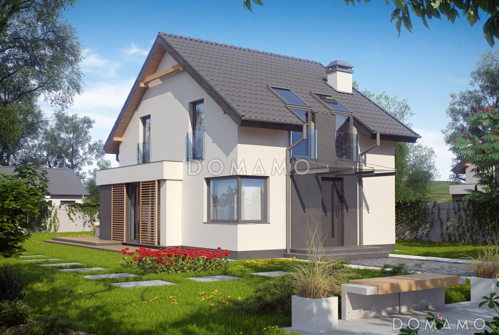 Проект компактного одноэтажного мансардного дома из газобетона с просторной светлой гостиной