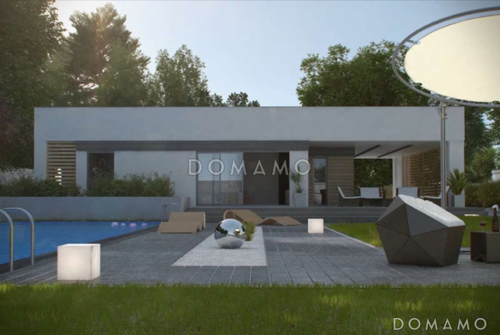 Проект современного одноэтажного дома из газобетона с тремя спальнями и оригинальным навесом для автомобиля совмещённым с террасой