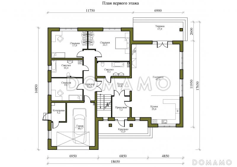 Проект одноэтажного дома с мансардой и треугольными окнами на крыше / План 1 этажа
