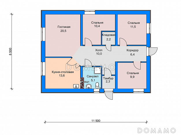 Проект дома с кладовой, кухней-столовой, гостиной, тремя спальнями / План 1 этажа