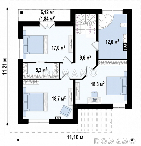 Проект современного двухэтажного дома из газобетона с четырьмя комнатами, большим тех помещением и балконом / План 2 этажа