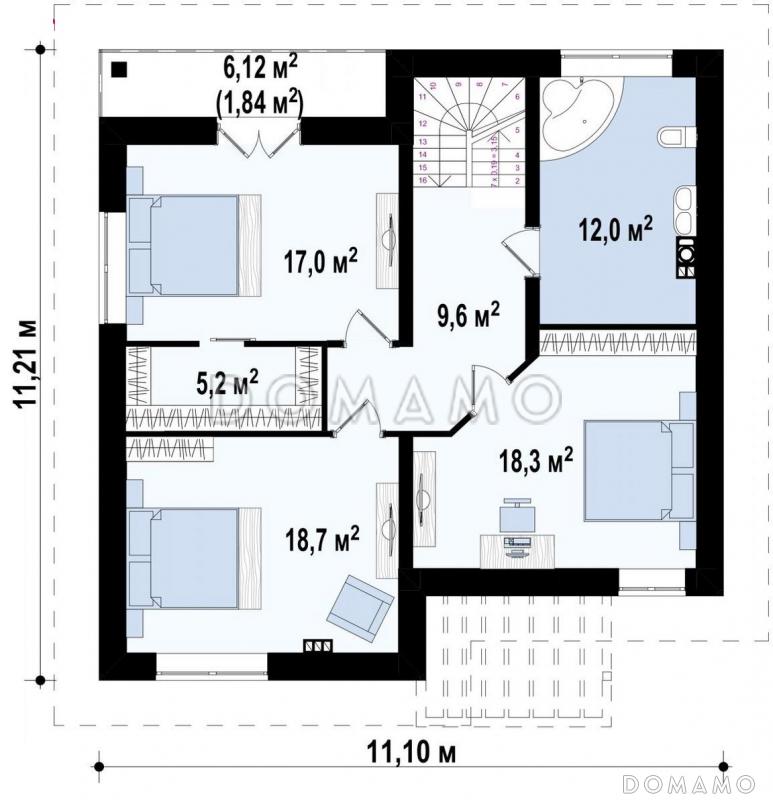 Проект современного двухэтажного дома из газобетона с четырьмя комнатами, большим тех помещением и балконом / План 2 этажа