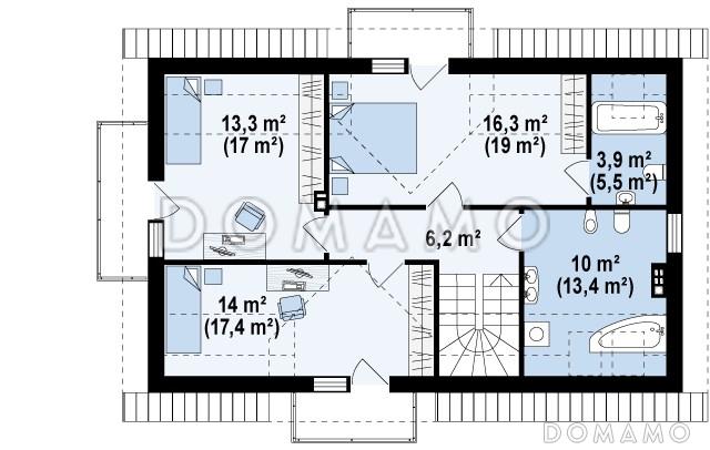 Проект одноэтажного мансардного дома из кирпича с четырьмя комнатами и тремя балконами / План мансардного этажа