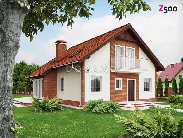 Проект одноэтажного мансардного дома из газобетона с эркером и большой площадью остекления в гостиной