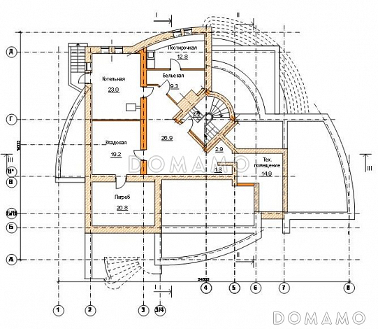 Проект коттеджа с оригинальной планировкой и гаражом на 2 а/м / План цокольного этажа