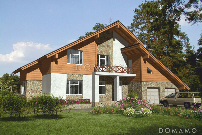 Проект дома из кирпича с комбинированной отделкой фасада