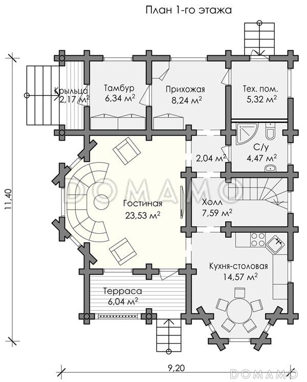 Проект деревянного дома площадью до 200 кв.м из оцилиндрованного бревна / План 1 этажа