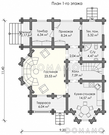 Проект деревянного дома площадью до 200 кв.м из оцилиндрованного бревна / План 1 этажа