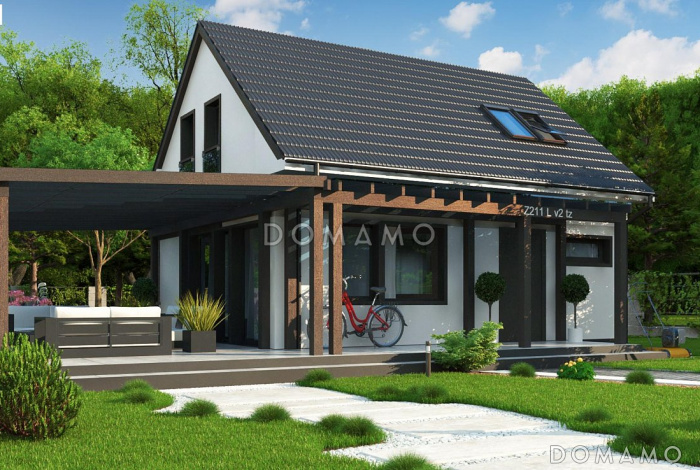 Проект компактного одноэтажного мансардного дома из кирпича с дополнительной спальней на первом этаже и большой крытой террасой