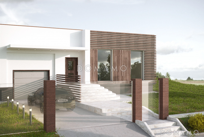 Проект одноэтажного дома в стиле хай-тек с гаражом и спа-бассейном на террасе