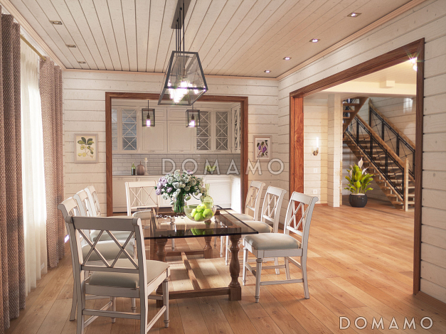 Проект двухэтажного дома из бруса с масштабной крытой террасой