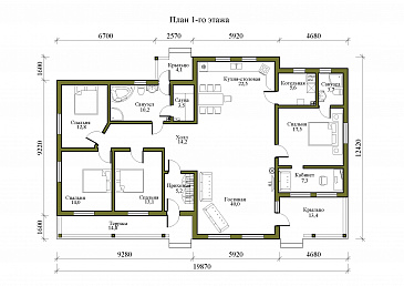 Проект каркасного дома с панорамным остеклением и сауной / План 1 этажа