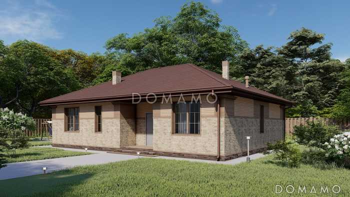 Проект одноэтажного дома с тремя спальнями, объединенной гостиной-кухней, небольшой террасой и хозяйственным помещением